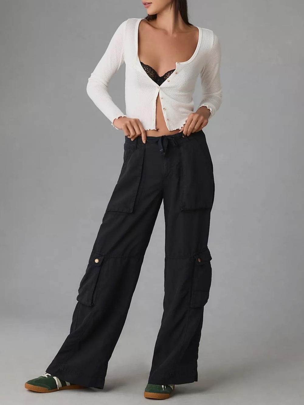 Anthropologie Pilcro Wide Leg Cargo Pants Navy Utility Linen Blend Sz 4
